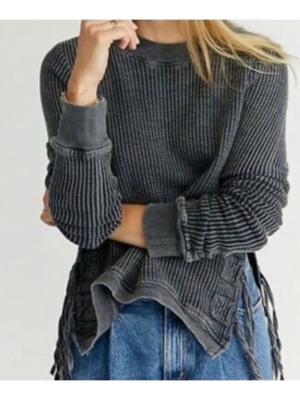 Free People FP One Interlaken Waffle Knit Thermal Top in washed Black Size XS
